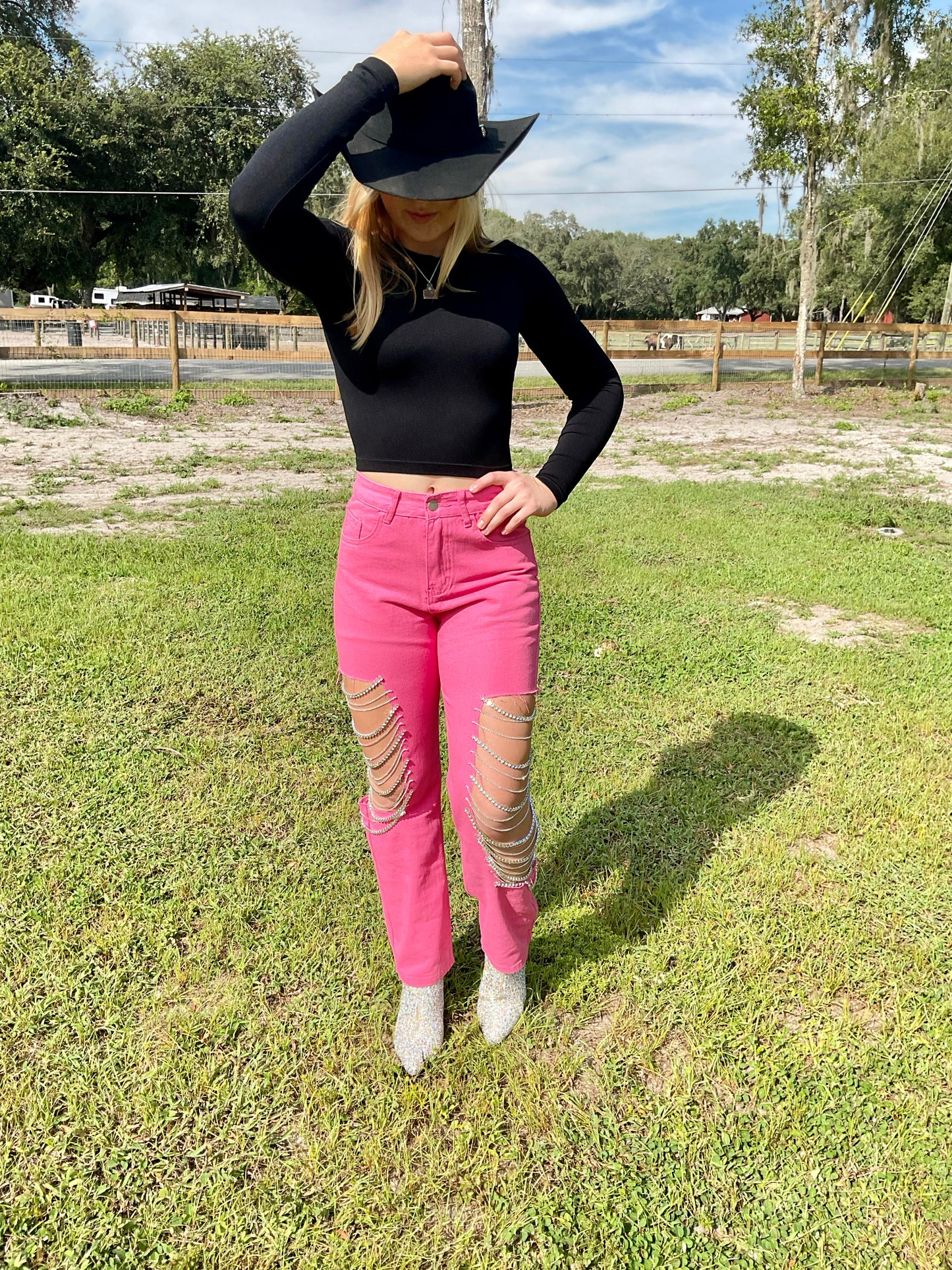 Rhinestone Cowgirl Jeans - Fuchsia