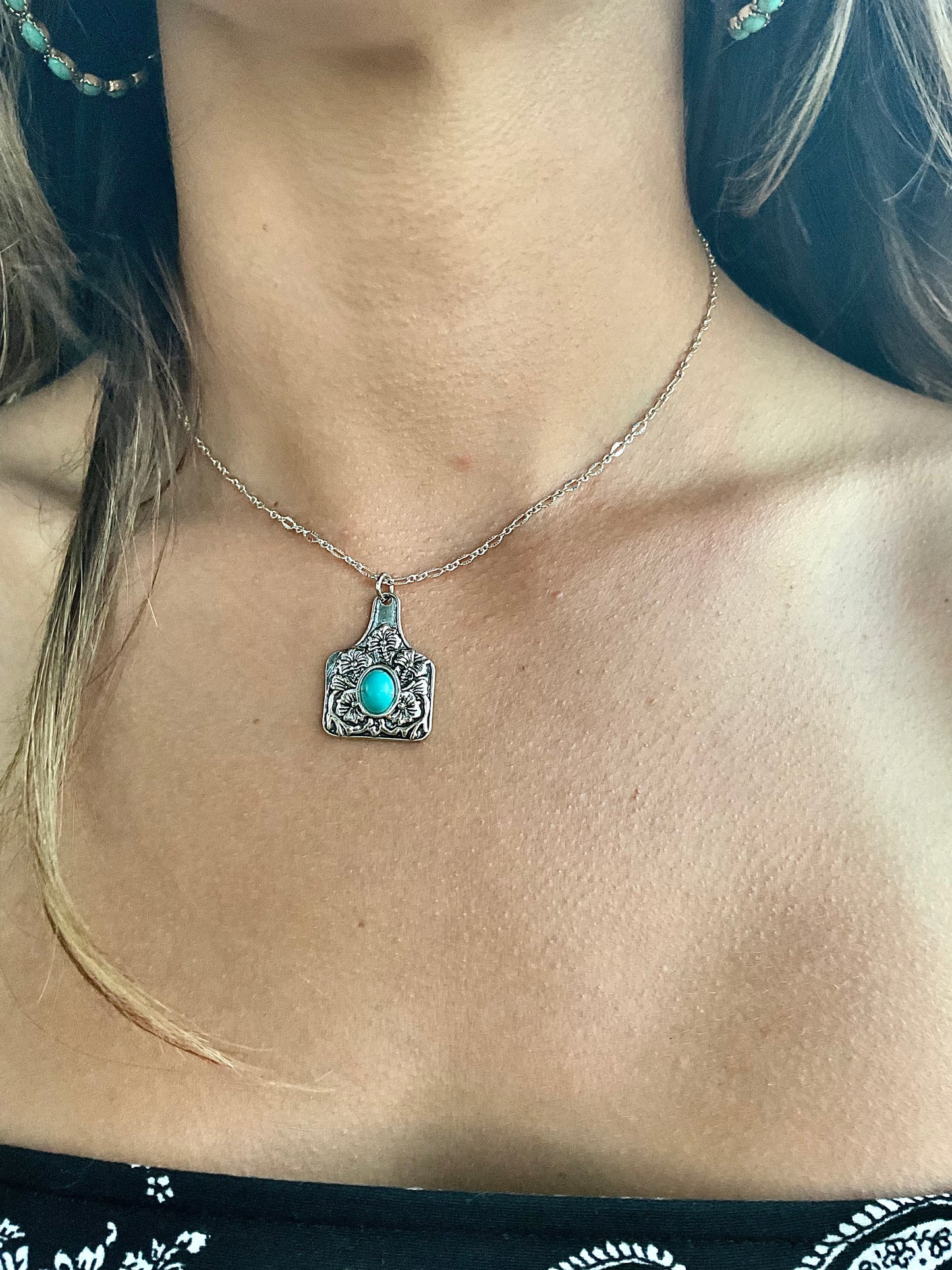 Turquoise Cow Tag Necklace