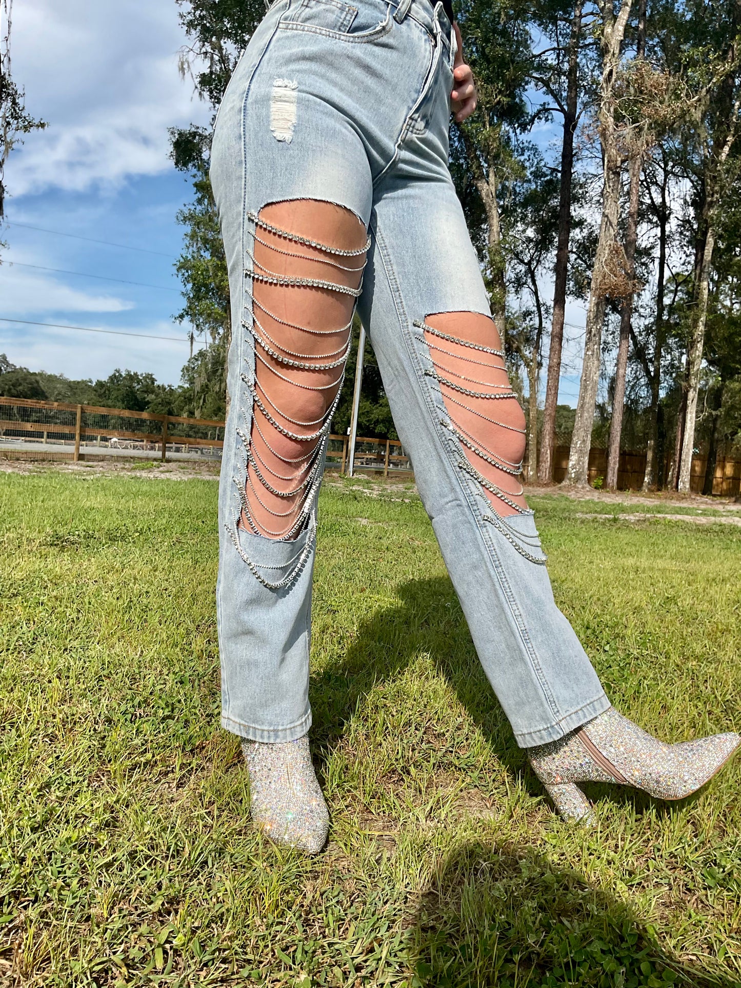 Rhinestone Cowgirl Jeans - Light Blue Denim