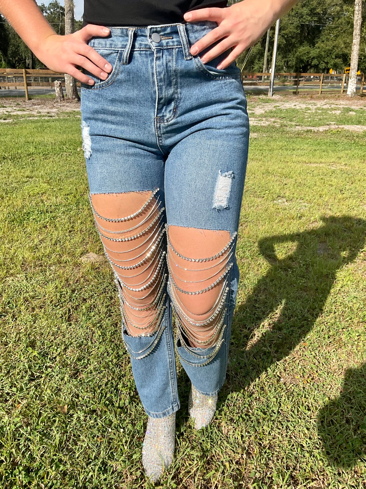 Rhinestone Cowgirl Jeans - Dark Blue Denim