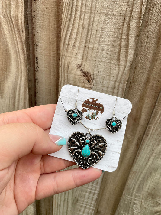 Turquoise Heart Earrings & Necklace Set