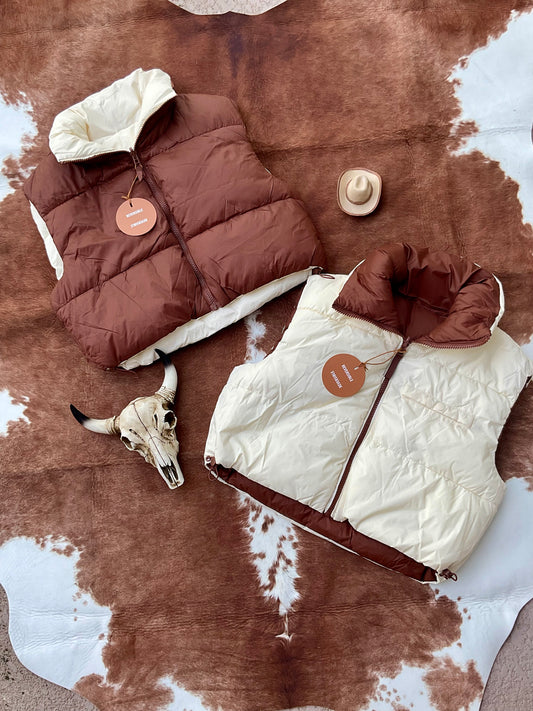 The Bailey Reversible Puffer Vest - Brown/Cream