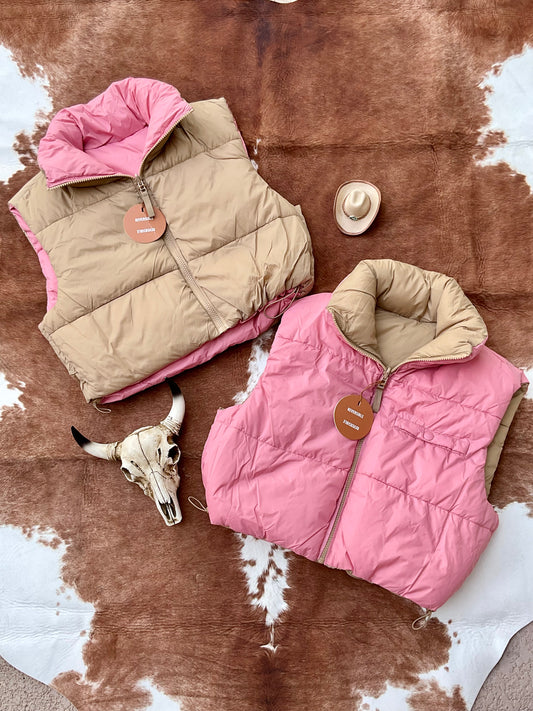 The Bailey Reversible Puffer Vest - Khaki/Pink